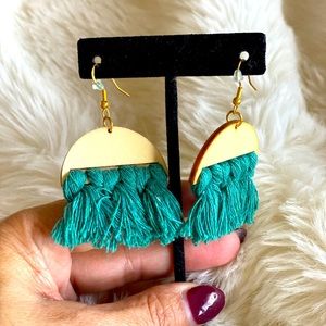 Green macramé drop wood hoops with knot and fringes